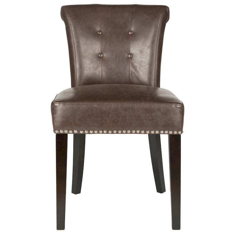 Beige Linen Button Tufted Dining Chair Nailhead Espresso Legs