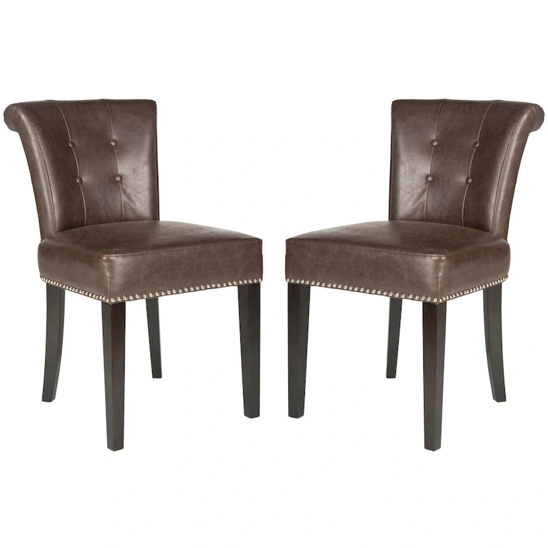 Beige Linen Button Tufted Dining Chair Nailhead Espresso Legs