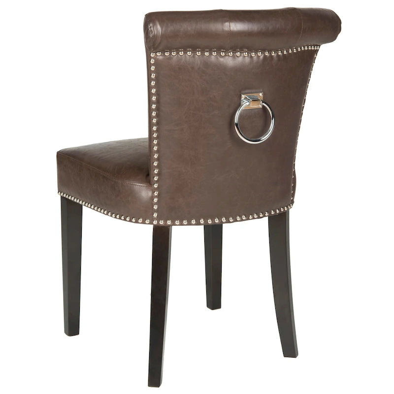 Beige Linen Button Tufted Dining Chair Nailhead Espresso Legs