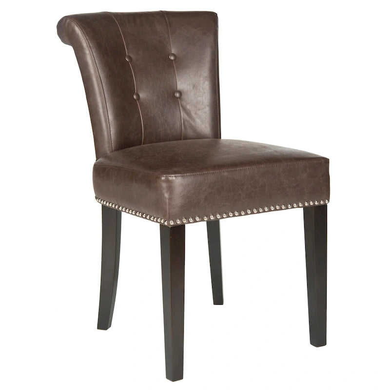 Beige Linen Button Tufted Dining Chair Nailhead Espresso Legs