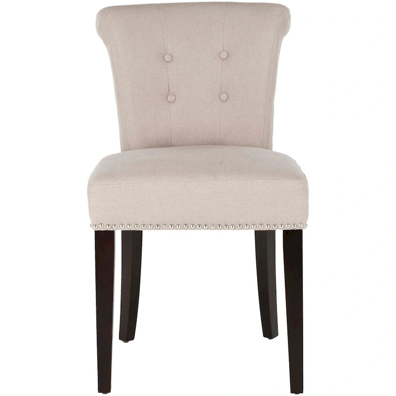 Beige Linen Button Tufted Dining Chair Nailhead Espresso Legs