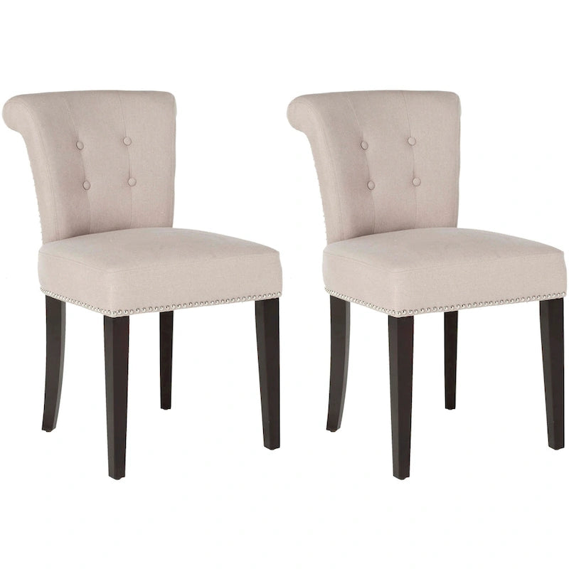 Beige Linen Button Tufted Dining Chair Nailhead Espresso Legs
