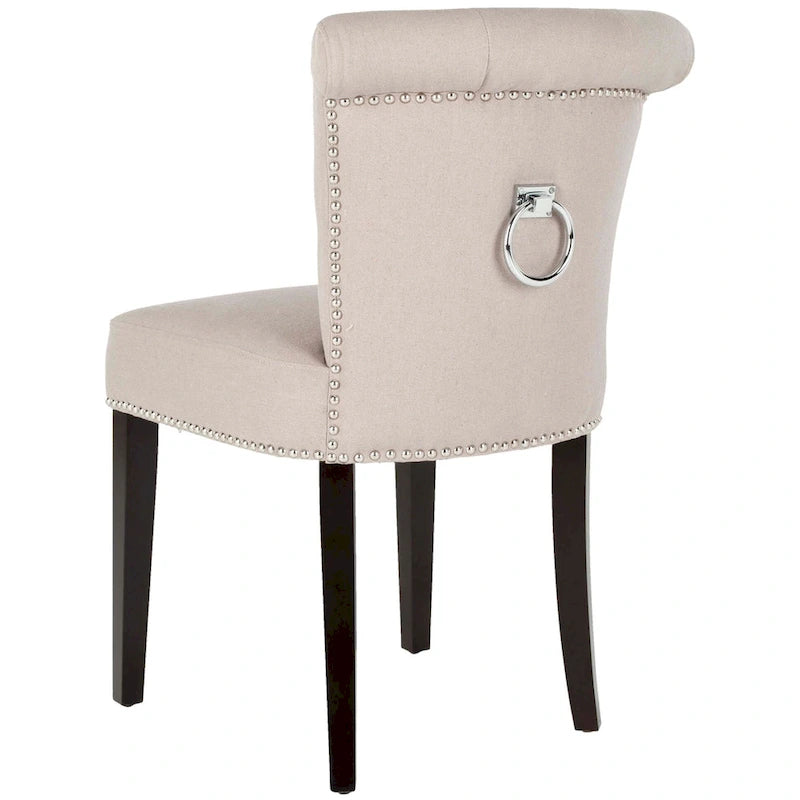 Beige Linen Button Tufted Dining Chair Nailhead Espresso Legs