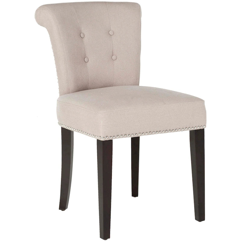 Beige Linen Button Tufted Dining Chair Nailhead Espresso Legs