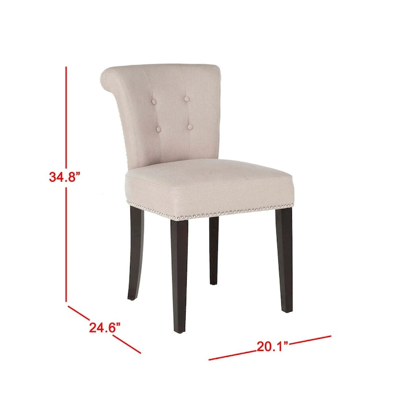 Beige Linen Button Tufted Dining Chair Nailhead Espresso Legs