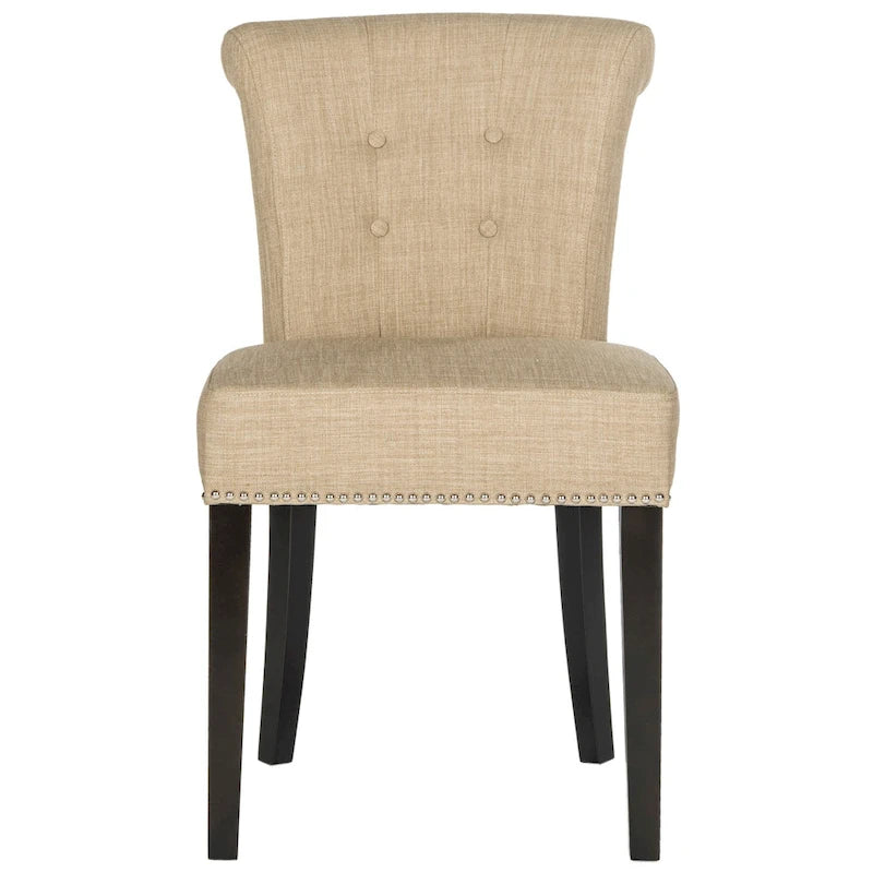 Beige Linen Button Tufted Dining Chair Nailhead Espresso Legs