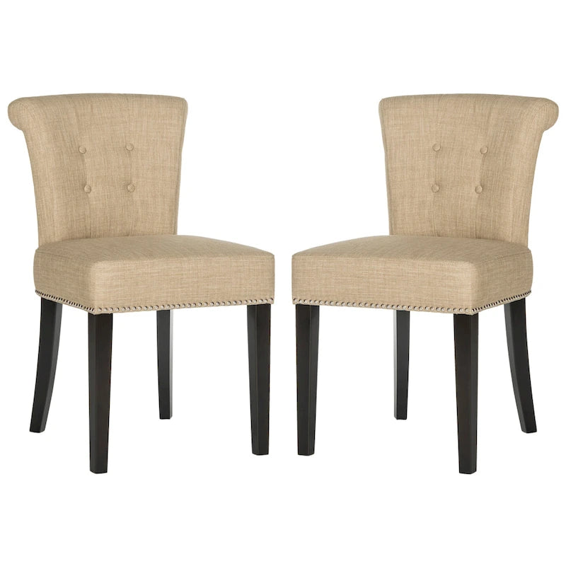 Beige Linen Button Tufted Dining Chair Nailhead Espresso Legs