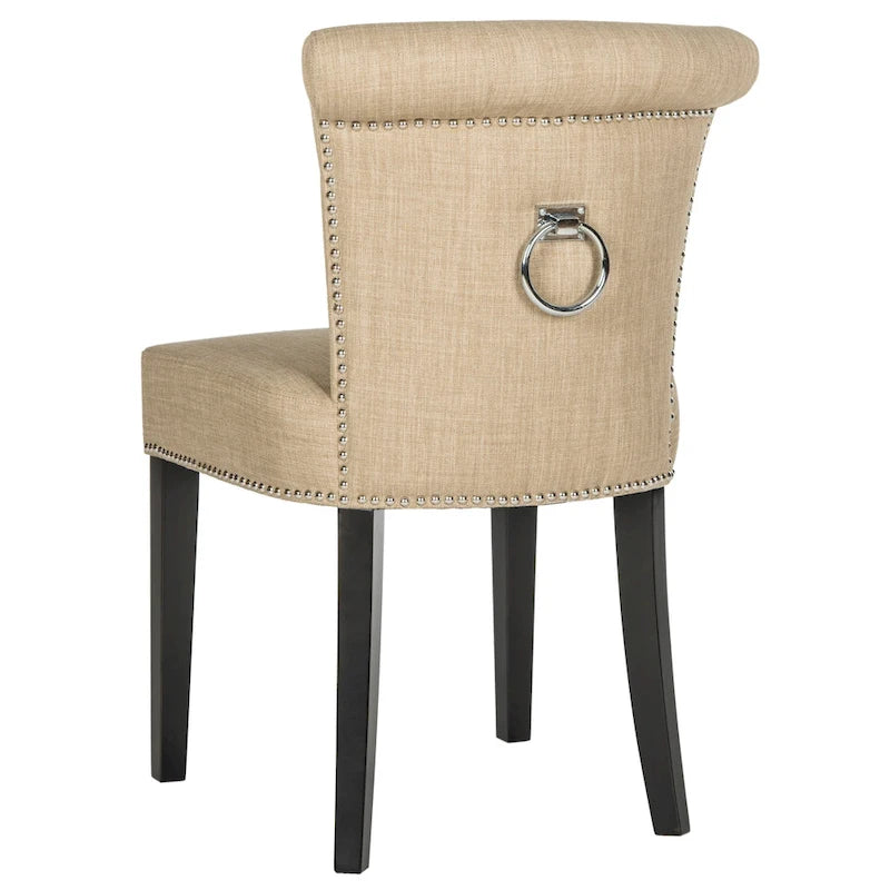 Beige Linen Button Tufted Dining Chair Nailhead Espresso Legs