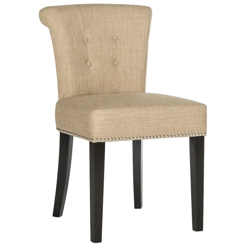 Beige Linen Button Tufted Dining Chair Nailhead Espresso Legs