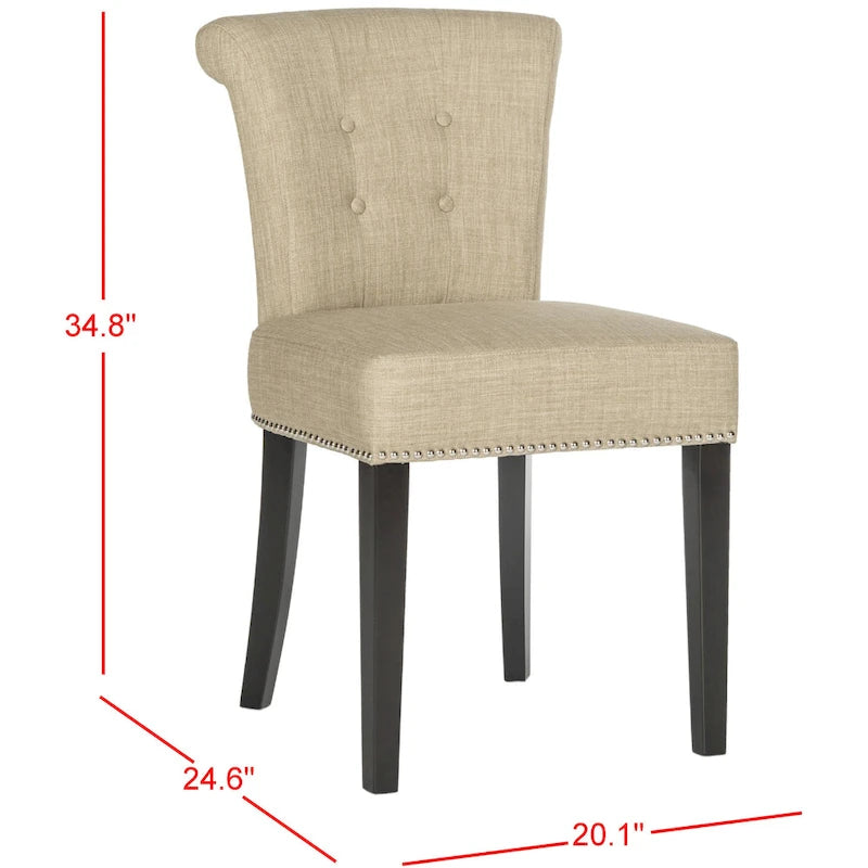 Beige Linen Button Tufted Dining Chair Nailhead Espresso Legs