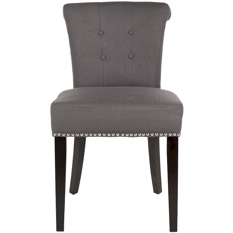 Beige Linen Button Tufted Dining Chair Nailhead Espresso Legs