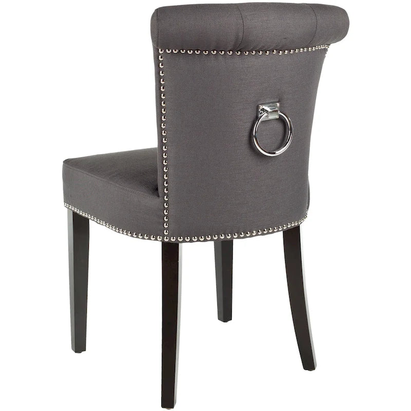 Beige Linen Button Tufted Dining Chair Nailhead Espresso Legs