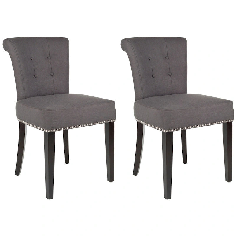 Beige Linen Button Tufted Dining Chair Nailhead Espresso Legs