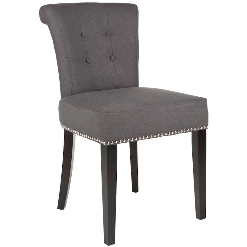 Beige Linen Button Tufted Dining Chair Nailhead Espresso Legs