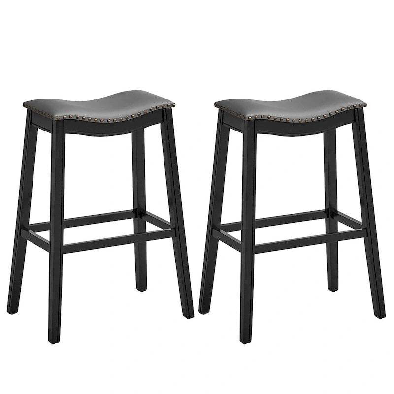 Saddle Bar Stool with Nail-Head Trim Padded Seat Rubber Wood Legs Black