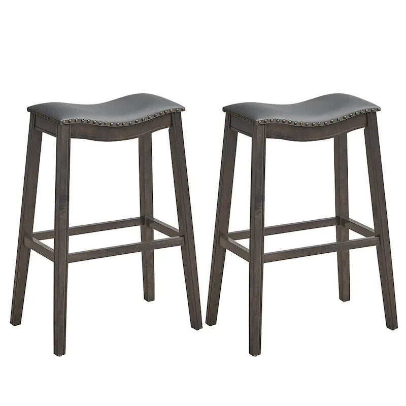 Tabouret de bar selle avec garniture cloutée Siège rembourré Pieds en bois d'hévéa Noir