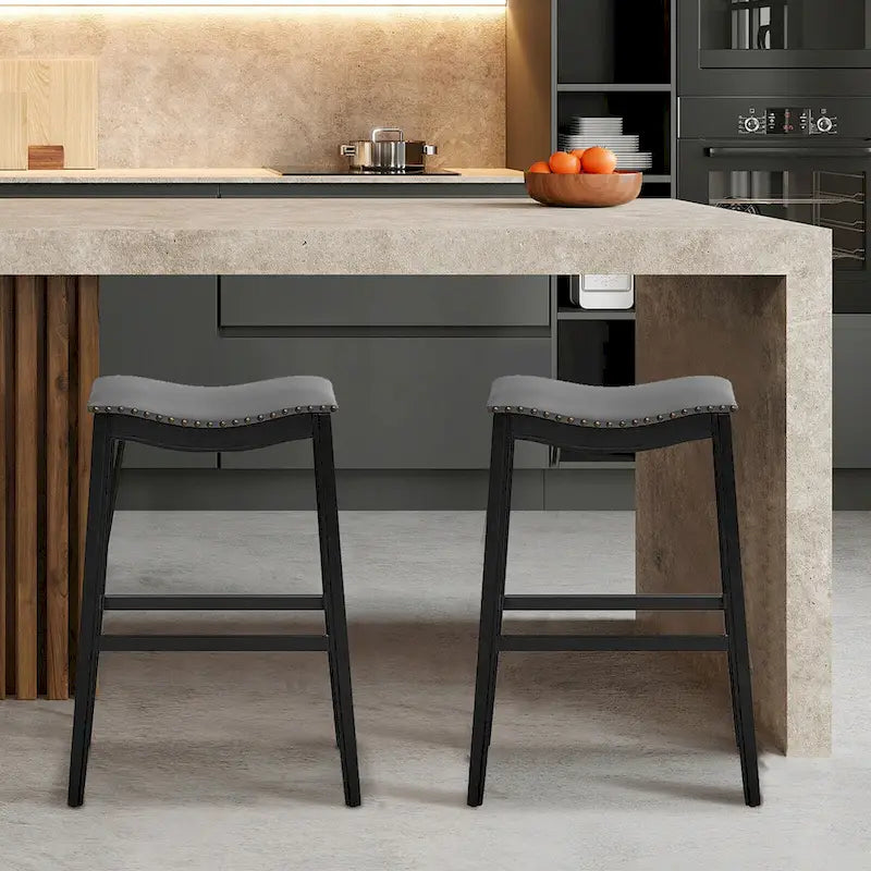 Saddle Bar Stool with Nail-Head Trim Padded Seat Rubber Wood Legs Black
