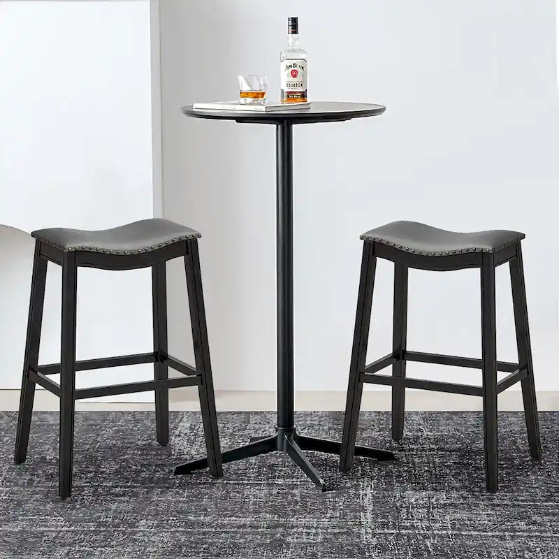 Saddle Bar Stool with Nail-Head Trim Padded Seat Rubber Wood Legs Black