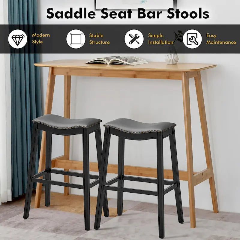 Saddle Bar Stool with Nail-Head Trim Padded Seat Rubber Wood Legs Black