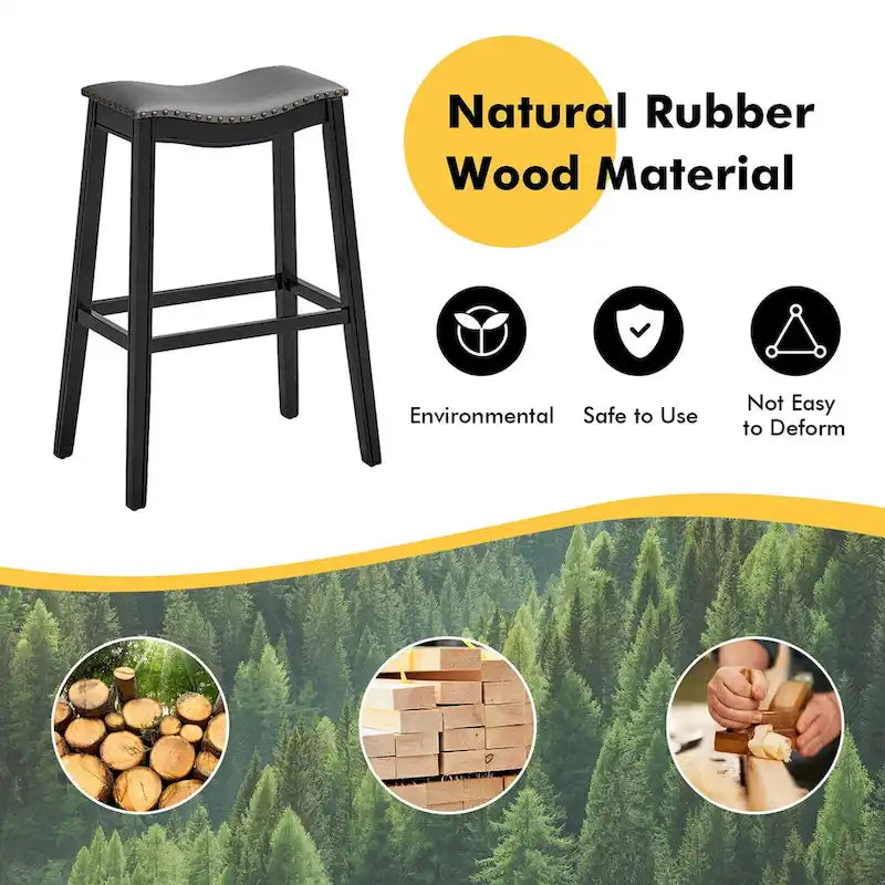 Saddle Bar Stool with Nail-Head Trim Padded Seat Rubber Wood Legs Black