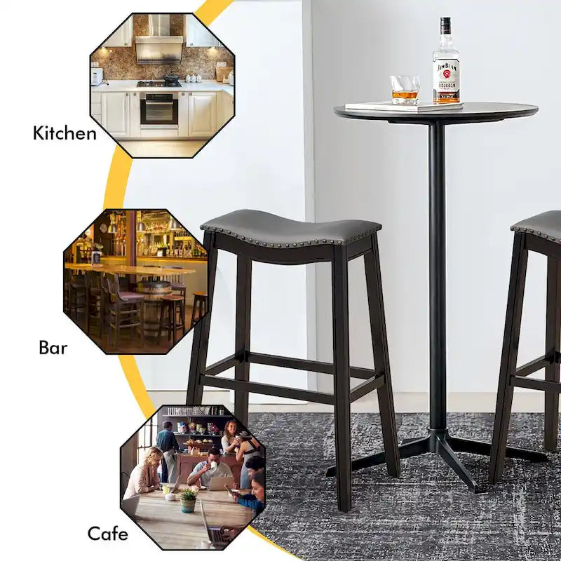 Saddle Bar Stool with Nail-Head Trim Padded Seat Rubber Wood Legs Black