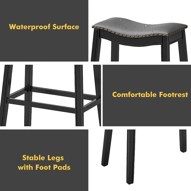 Saddle Bar Stool with Nail-Head Trim Padded Seat Rubber Wood Legs Black