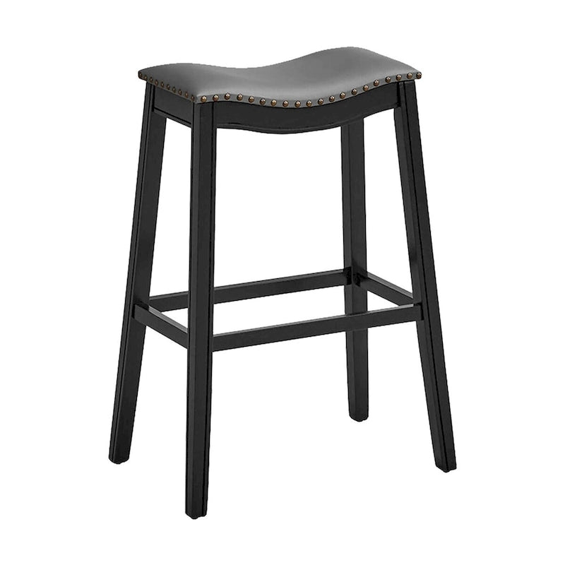Saddle Bar Stool with Nail-Head Trim Padded Seat Rubber Wood Legs Black