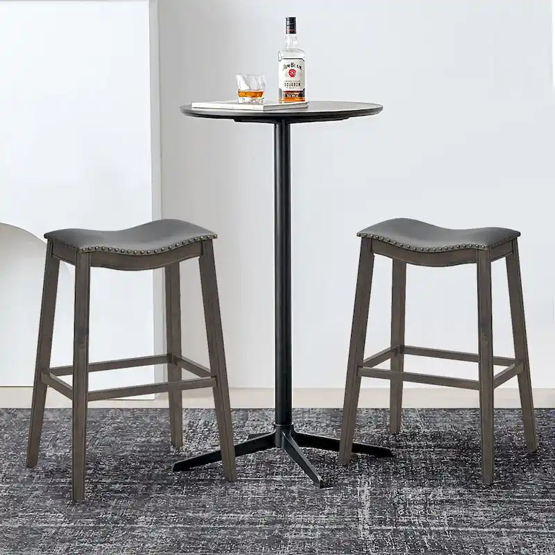 Saddle Bar Stool with Nail-Head Trim Padded Seat Rubber Wood Legs Black