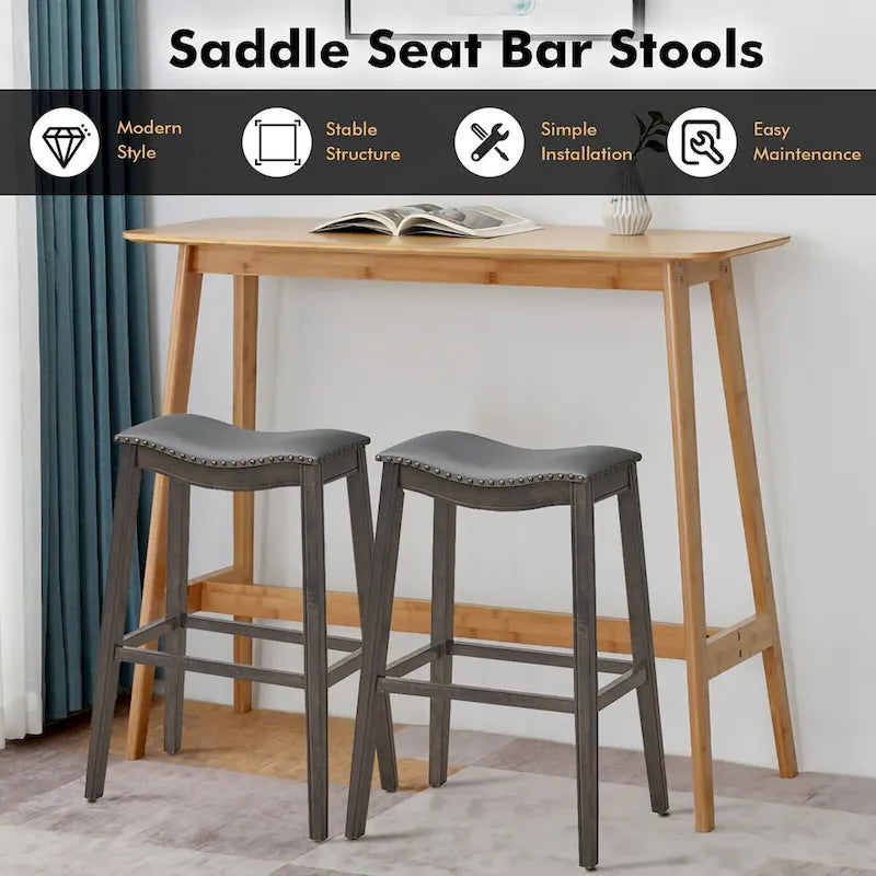 Saddle Bar Stool with Nail-Head Trim Padded Seat Rubber Wood Legs Black