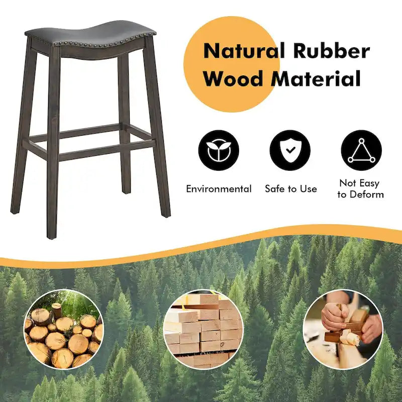 Saddle Bar Stool with Nail-Head Trim Padded Seat Rubber Wood Legs Black
