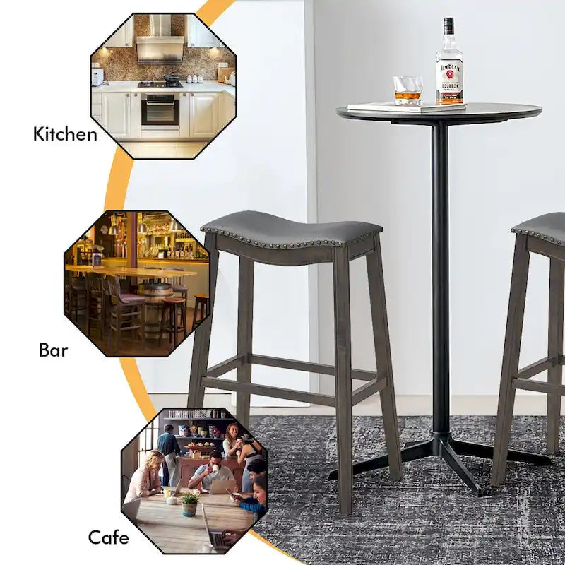 Saddle Bar Stool with Nail-Head Trim Padded Seat Rubber Wood Legs Black