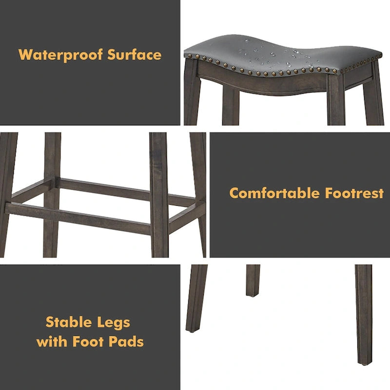 Saddle Bar Stool with Nail-Head Trim Padded Seat Rubber Wood Legs Black