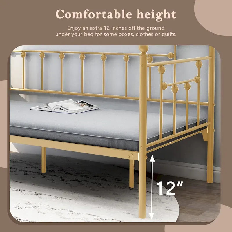 Heavy Duty Metal Daybed Frame with Headboard Black Gold White