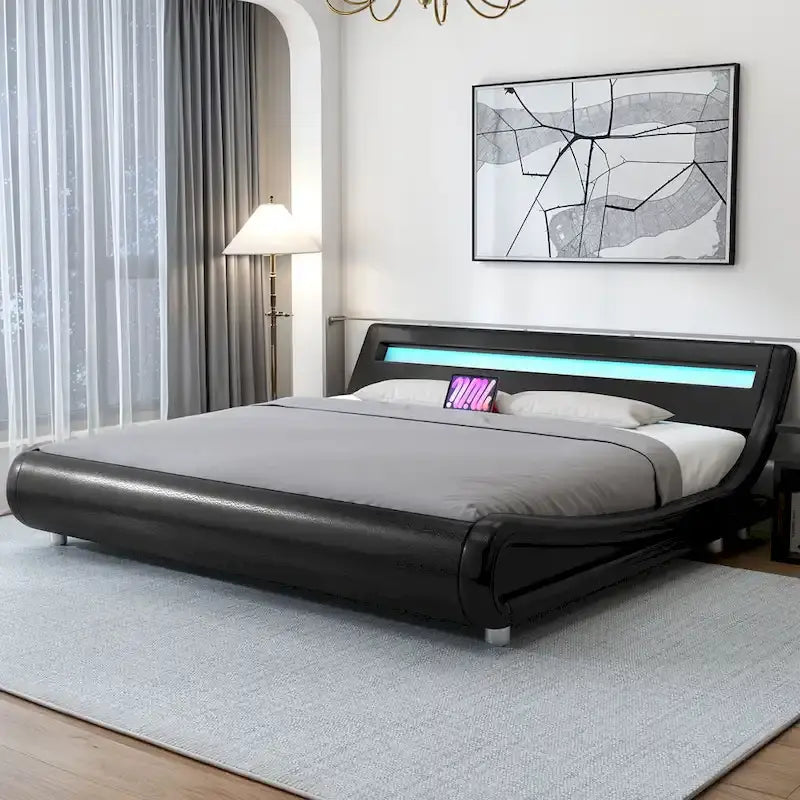 Black PU Upholstered LED Platform Bed Frame with Adjustable Headboard
