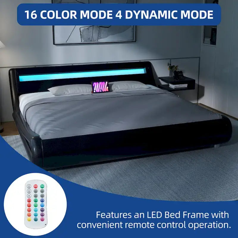 Black PU Upholstered LED Platform Bed Frame with Adjustable Headboard