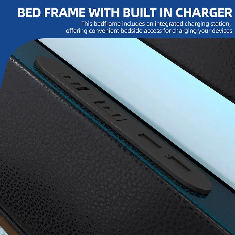 Black PU Upholstered LED Platform Bed Frame with Adjustable Headboard