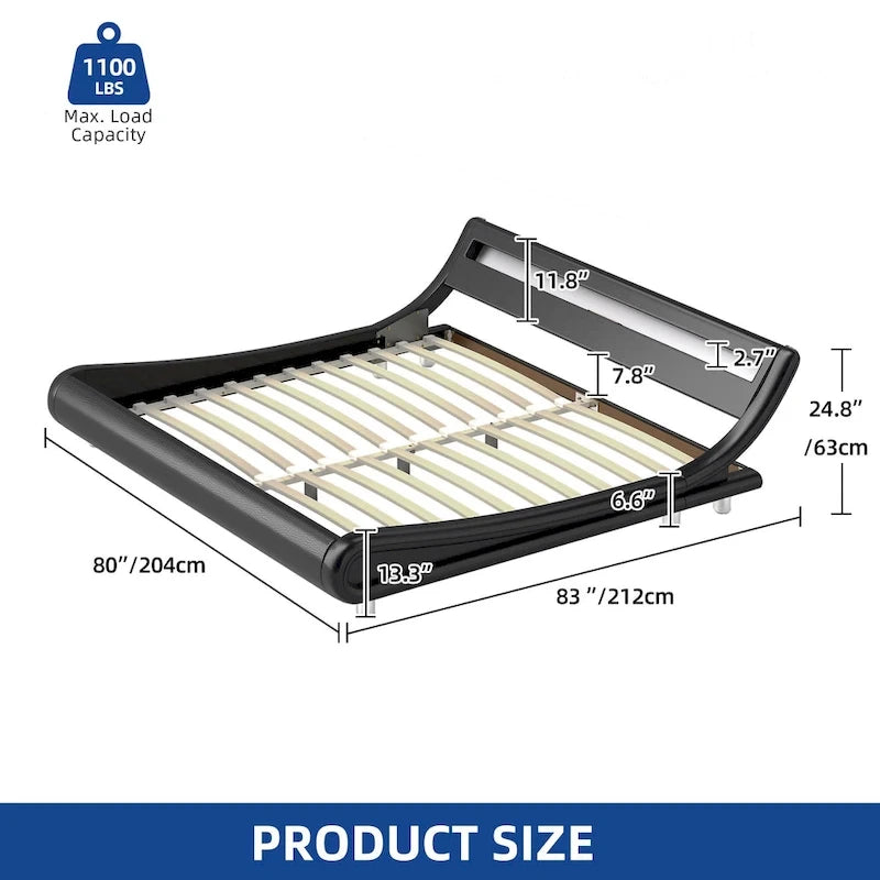 Black PU Upholstered LED Platform Bed Frame with Adjustable Headboard