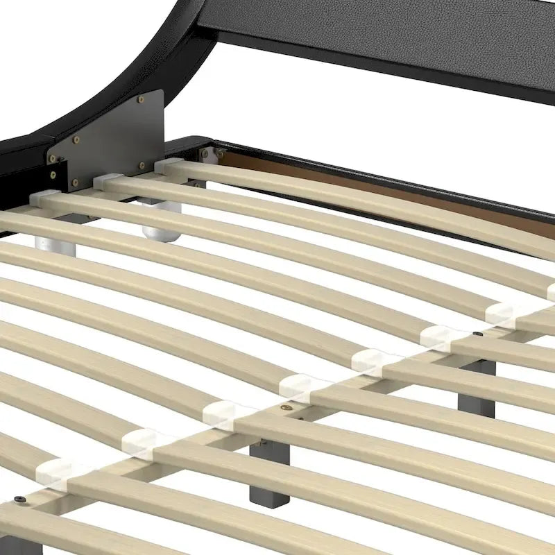 Black PU Upholstered LED Platform Bed Frame with Adjustable Headboard