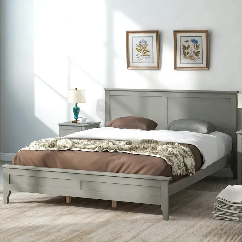 Solid Pine Wood Platform Bed with Headboard Tapered Legs Gray White