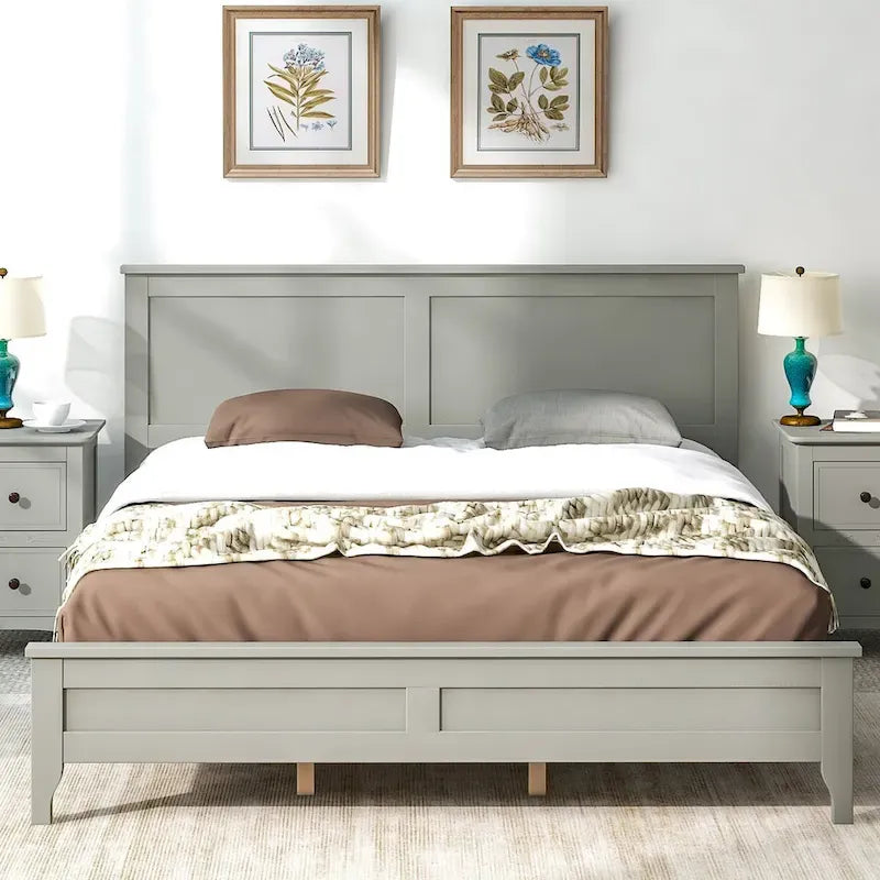 Solid Pine Wood Platform Bed with Headboard Tapered Legs Gray White