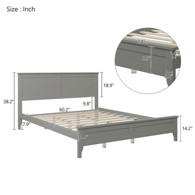 Solid Pine Wood Platform Bed with Headboard Tapered Legs Gray White