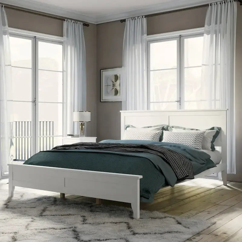 Solid Pine Wood Platform Bed with Headboard Tapered Legs Gray White