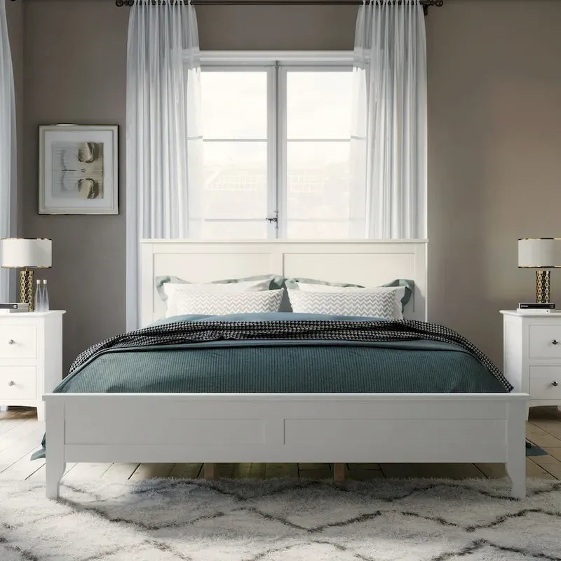 Solid Pine Wood Platform Bed with Headboard Tapered Legs Gray White