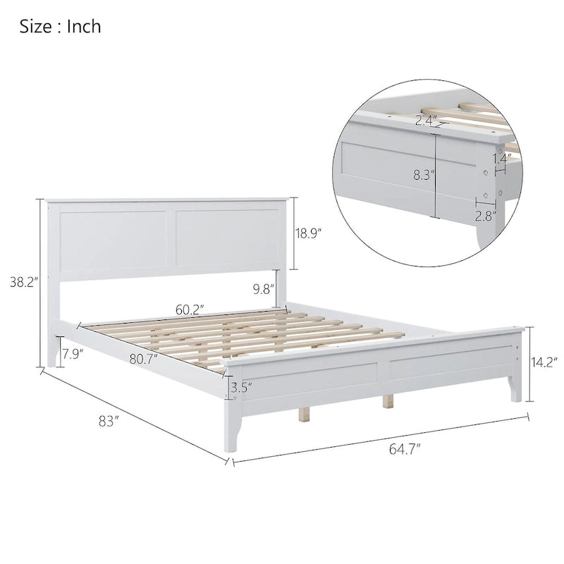 Solid Pine Wood Platform Bed with Headboard Tapered Legs Gray White