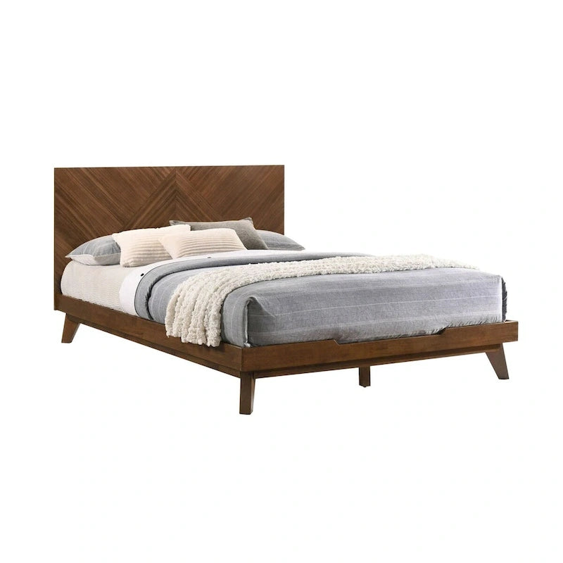 Queen Size Bed Frame Chevron Herringbone Headboard Walnut Brown Wood