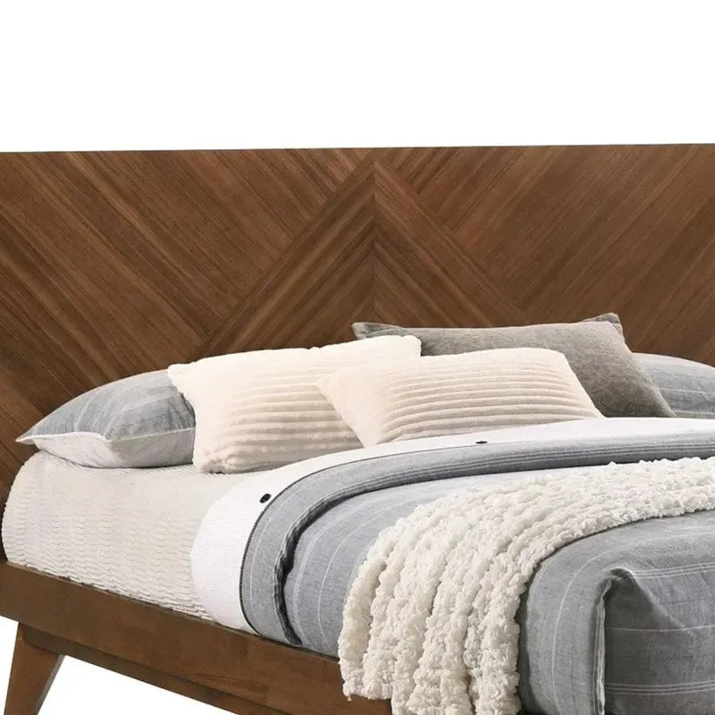 Queen Size Bed Frame Chevron Herringbone Headboard Walnut Brown Wood