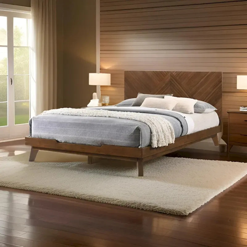 Queen Size Bed Frame Chevron Herringbone Headboard Walnut Brown Wood