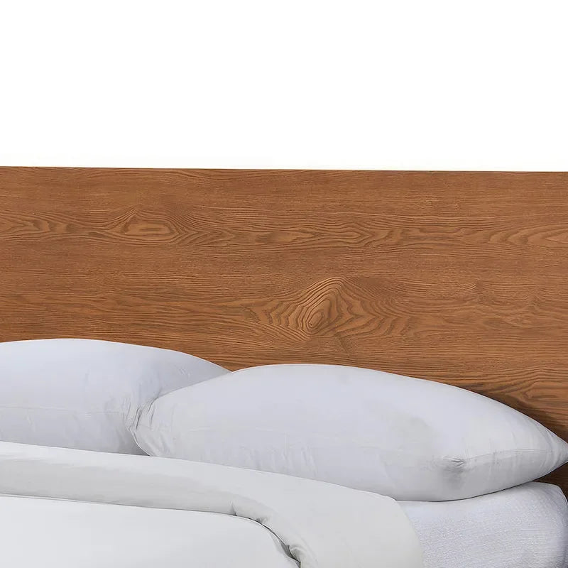 Mid-Century Walnut Wood Platform Bed Rounded Headboard Solid Wood Legs