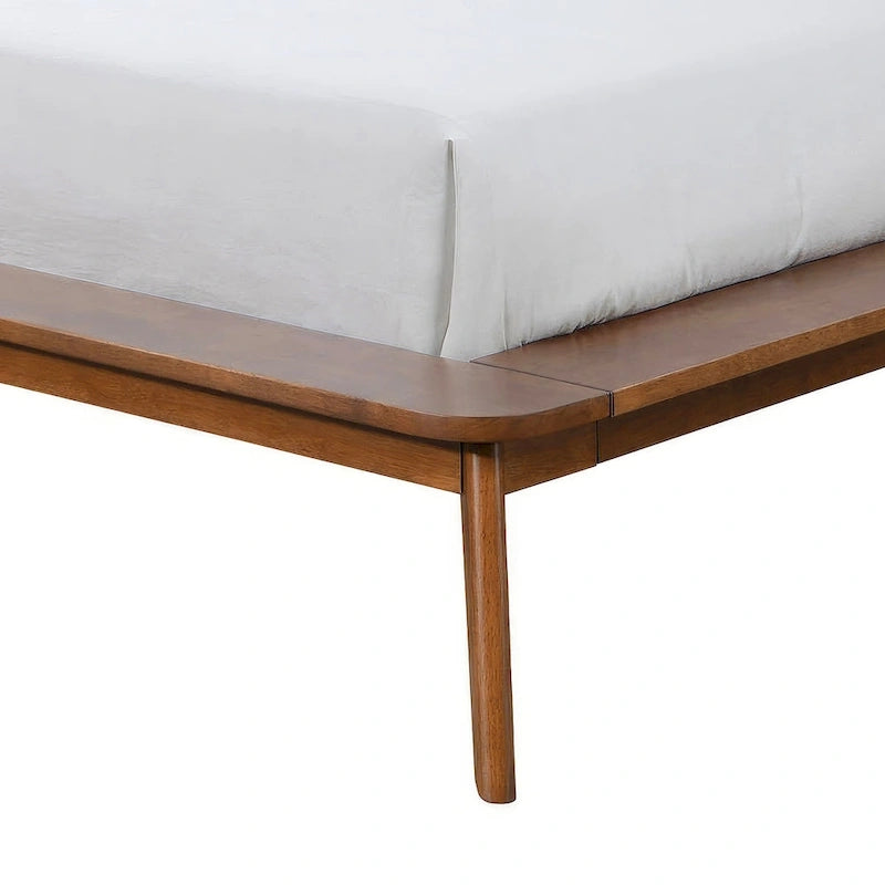 Mid-Century Walnut Wood Platform Bed Rounded Headboard Solid Wood Legs