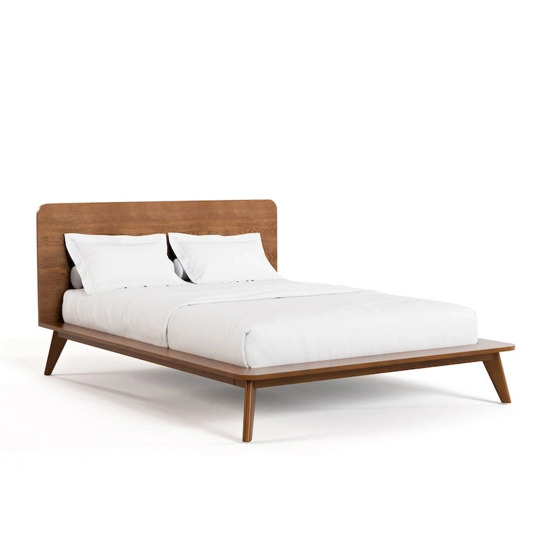 Mid-Century Walnut Wood Platform Bed Rounded Headboard Solid Wood Legs